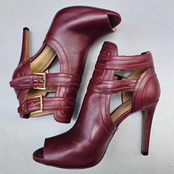 Stiletto Ankle Bootie MMK Blaze Size 7 OpenToe Buckle High Heel Burgundy Leather - Picture 11 of 12